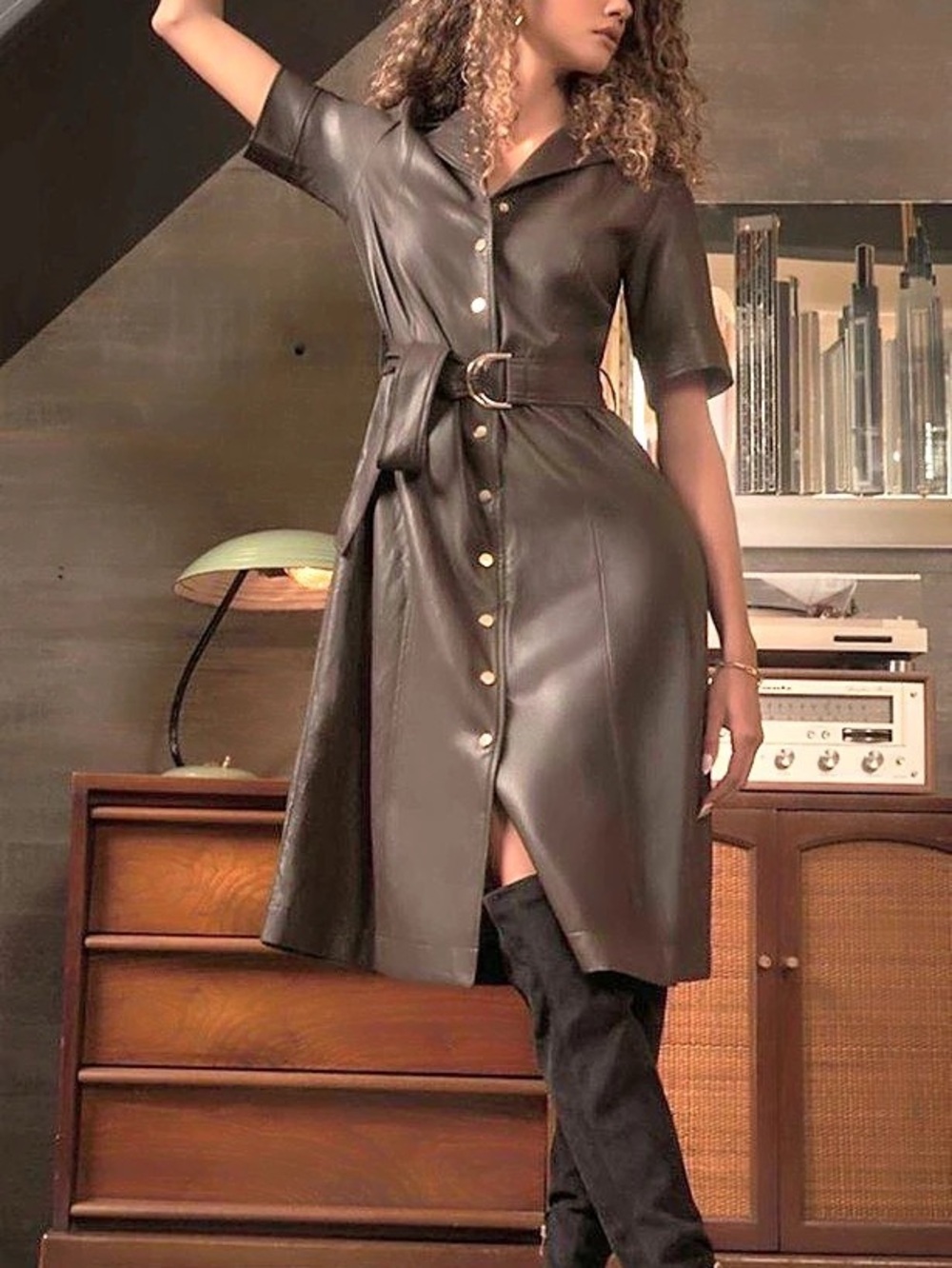 T TAHARI Dress Faux Leather Short Sleeve Button Down Fit & Flare Size 6 Brown $1